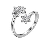 Aurora Tears Hamsa Fatima Hand and Star of David Adjustable Rings 925 Sterling Silver Stars and Hand Open Ring Jewelry Gifts for Men and Women DR0126W