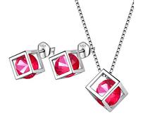 Aurora Tears July Birthstone Necklace Stud Earrings 925 Sterling Silver Red Ruby Square Birth Stone Jewellery Set Gifts for Women and Girls DS0028R
