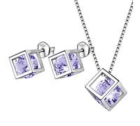 Aurora Tears June Birthstone Necklace Stud Earrings 925 Sterling Silver Blue Alexandrite Square Birth Stone Jewellery Set Gifts for Women and Girls DS0028D