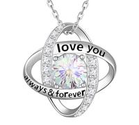 Aurora Tears Love Knot April Birthstone Necklaces 9 25 Sterling Silver Double Circle Knot Pendant Necklace with Fireworks Cut CZ Birthstone Jewelry for Women DP0390W
