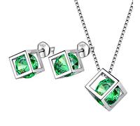 Aurora Tears May Birthstone Necklace Stud Earrings 925 Sterling Silver Green Emerald Square Birth Stone Jewellery Set Gifts for Women and Girls DS0028G