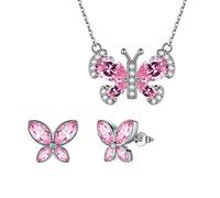 Aurora Tears Pink Butterfly Jewellery Sets Women 925 Sterling Silver Animal Butterflies October Birthstone Tourmaline Necklace/Earring Set Crystal Wedding Birthday Jewelry DS0090O