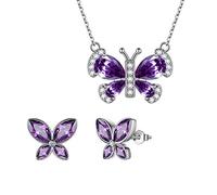 Aurora Tears Purple Butterfly Jewellery Sets Women 925 Sterling Silver Animal Butterflies February Birthstone Amethyst Necklace/Earring Set Crystal Wedding Birthday Jewelry DS0090F
