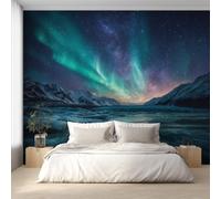Aurora Wallpaper for Living Room, Northern Lights Starry Sky Wall Mural for Bedroom 350x256 cm, Non-Woven Photo Wallpaper, Home Decor D&O103