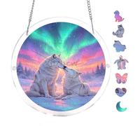 Aurora Wolf Night Sky Scene 7.8x7.8Inch Round Acrylic Hanging Puzzle | Creative Home Accent with Visual Appeal