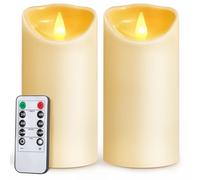AuroraWave LED Candles Flameless Battery Operated-6"x3" Set of 2 Artificial Electric Candle with Remote and Timer Plastic Pillar Electronic Flickering Light for Wedding Party Birthday Christmas Ivory