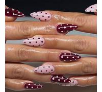 Auroriel 24 Pcs Medium Almond Polka Dot Press On Nails Pink Gloss Full Coverage Artificial Fingernails for Glue Reusable Application Manicure for Women