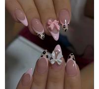 Auroriel 24 Pcs Medium Almond Press On Nails Pink Bow French Tip Reusable Leopard Print Art Nails For Glue Full Coverage Artificial Fingernails For Women Girls