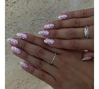 Auroriel 24 Pieces Almond Polka Dot Press On Nails With Glossy Coating Finish Pink Base Light White Dots Full Cover Glossy Reusable For Women Manicure