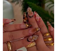 Auroriel 24 Pieces Almond Press On Nails Medium 3D Brown Flowers Gold Pearls Tortoise Leopard French Tip Ombre Autumn DIY Full Cover Reusable Acrylic Fake Nails for Women