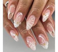 Auroriel 24 Pieces Almond Press On Nails Medium White French Tip with 3D Seashell Flowers Gold Rhinestone Reusable Acrylic Full Cover Artificial Nails Cute Ribbon Stick o