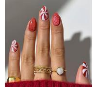 Auroriel 24 Pieces Candy Crush Christmas Nails Short Oval Shape Art Nails with Candy Cane Pattern Velvet Look Salon Quality Holiday Nail Set