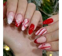 Auroriel 24 Pieces Christmas Almond Press On Nails Red French Tips White Red Stripes with Glitter Christmas Tree Designs Snowflake Artificial Nails Winter Holidays Adhesi