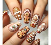 Auroriel 24 Pieces Christmas Cute Cartoon Press On Medium Square Artificial Nails with Snowflake Candy Cane House Gingerbread Man Design Acrylic Fake Nails Xmas