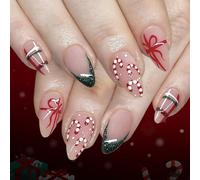 Auroriel 24 Pieces Christmas Press On Nails Medium Almond Fake Nails With Gift Design Green Glitter French Tips Stick On Nails Red Pens Stick On Nail Winter