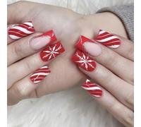 Auroriel 24 Pieces Christmas Snowflake Press On Nails Glossy Red White Lines Acrylic Fake Nails 3D Bow Medium Square Candy Stripes Gold Glitter Design Artificial