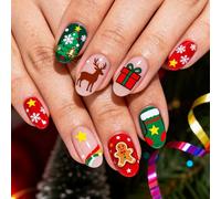 Auroriel 24 Pieces Christmas Tree Snowflake Deer Gingerbread Man Almond Press On Nails Shiny Winter Fake Nails for Women DIY Manicure Holiday Decoration