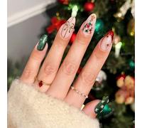 Auroriel 24 Pieces Handmade Winter Christmas Press On Nails with 3D Crystals Sweet Bow Shiny French Manicure Almond Shape for Women Holidays