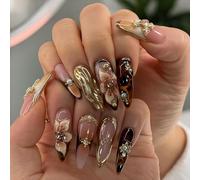 Auroriel 24 Pieces Long Press on Nails Almond Brown with Flowers and Gold Charms, 3D Handmade Artificial Nails Reusable for Women