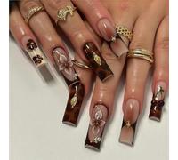 Auroriel 24 Pieces Long Square Press on Nails Brown with Floral Design and 3D Gold Texture Adhesive Nails Acrylic Nails Reusable for DIY Manicure Women