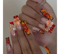 Auroriel 24 Pieces Long Square Press on Nails Red-Orange with 3D Butterfly and Flowers Handmade Design Reusable for Women Manicure