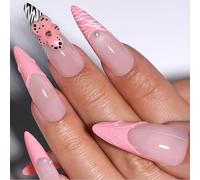 Auroriel 24 Pieces Long Stiletto Press on Nails Pink White & Black White Leopard Design Glossy Acrylic Fake Nails Almond French Tip Reusable Fashion Nails DIY Manicure fo