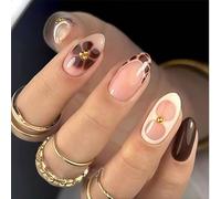 Auroriel 24 Pieces Medium Almond Press on Nails Brown French Tip with Floral Design Reusable Artificial Nails for Women DIY Manicure Full Coverage