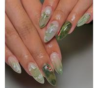 Auroriel 24 Pieces Medium Almond Press On Nails Green Gradient Lotus Leaf Goldfish 3D Design Reusable Gel Fake Nails Manicure Set