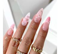 Auroriel 24 Pieces Medium Almond Press On Nails Pink 3D Flowers Floral Pearls Charms Reusable Gel Fake Nails Manicure Set