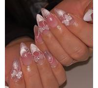 Auroriel 24 Pieces Medium Length Almond Shape Press On Nails Glitter Pink With Bow Charm Design Pink Acrylic White French Tip Glossy Full Cover Self-Adhesive Art Nails Fo