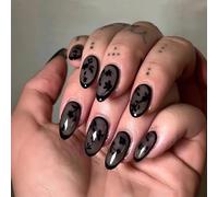 Auroriel 24 Pieces Short Almond Press On Nails Black Flowers Sexy Removable Fake Nails Reusable Gel Manicure DIY Set