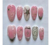 Auroriel 24 Pieces Short Almond Press on Nails Pink with 3D Star and Circle Design Reusable Acrylic Fake Nails Full Cover for Women Party Daily DIY Manicure