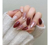 Auroriel 24 Pieces Short Almond-Shaped Red French Tip Glitter Nails with Pink Bow Pattern Sweet DIY Art Nails Reusable for Women Manicure Romantic Look