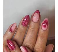 Auroriel 24 Pieces Short Oval Press on Nails Red Summer-Fall French Tip Floral Accent Design Reusable Artificial Nails for Women DIY Manicure Full Coverage