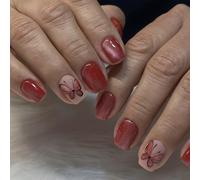 Auroriel 24 Pieces Short Square Red Press On Nails With Cat Eye Effect Glitter Butterfly Designs Acrylic Art Nails For Women Manicure Party Look