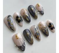 Auroriel 30 Pieces Almond Styling Nails Set Medium Length 3D Marble Gold Leaf French Tip to Stick Elegant Women's Manicure Reusable Full Cover Fake Nails