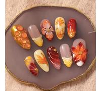 Auroriel 30 Pieces Autumn Maple Leaf Press On Nails Medium French Fingernails With 3D Flowers And Gold Leaf Art Handmade Thanksgiving Nail Design For Holidays
