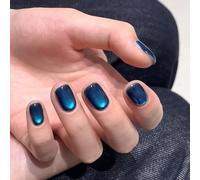 Auroriel 30 Pieces Short Coffin Press on Nails, Aqua Blue Glass Bead Cat Eye Design Black Glitter Artificial Nails, Reusable Soft Gel Fake Nails, Bling Stick on Nails for
