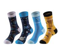 Auroriel 4 Pairs Chanukka Cotton Socks One Size for Adults, Happy Hanukkah Design in Blue with Hexagram Menorah Dreidel, Chanukka Gifts Jewish Accessories for Men Women