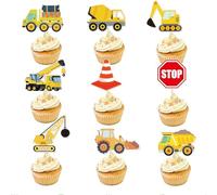 Auroriel 45 Pieces Construction Cupcake Decorations Dump Truck Excavator Tractor Stop Sign Cake Decorations for Construction Theme Kids Birthday Decoration Baby Shower