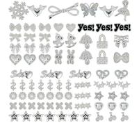 Auroriel 80 Pieces Large Jewelry Beads Bulk, Glitter Flat Pendants for Socks, Silver Rhinestone Pendants for Socks, Hearts, Bows, Stars, Bunnies and More Cute