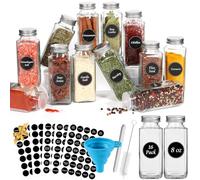 AuroTrends Spice Jars with Label 8oz 16Pcs, 8oz Glass Spice Jars with Shaker Lids 16Pack -Square Spice Containers with Waterproof Labels| Chalk Marker| Shaker Lids| Brush| Collapsible Funnel