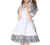 Aurueda French Maid Dress Cosplay Anime Halloween Costume Maid Outfit Cute Maid Costume Set with Dress Apron Headpiece for Halloween Maid Costume Checked Size M