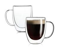 Aurzen 2 Pack Double Walled Glass Coffee Mugs with Handles, Large Insulated Layer Coffee Cups, 12oz Clear Borosilicate Mugs, Perfect for Cappuccino, Tea, Microwave Safe