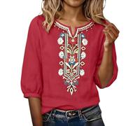 Auscfex Women Cotton Linen Embroidery Top, Handmade Floral Stitch Blouse | Breathable Loose Fit Half Sleeve Summer Casual Shirt (Red, XL)