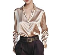 Auscfex Women Satin Striped Blouse Shirt - Long Sleeve Silky Button Front Office Top, Lightweight Shiny Workwear Blouse for Business Casual (Khaki, XL)