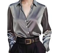 Auscfex Women Satin Striped Blouse Shirt - Long Sleeve Silky Button Front Office Top, Lightweight Shiny Workwear Blouse for Business Casual (Black, XL)