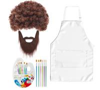 Ausejopeac 80's Painter Artists Costume, Brown Afro Wig Fake Whiskers Aprons Painting Brushes Set for Halloween Party Painter Artists Cosplay Costume