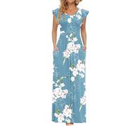 AUSELILY Casual Round Neck Long Dresses for Women Elegant Ruffle Petal Sleeve Dress for Wedding Dress Maxi Dress Floral Light Blue, L