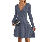 AUSELILY Jumper Dress for Women UK Autumn Winter Sexy V Neck Lightweight Flowy Elegant Ladies Dresses Knitted Long Sleeve Knee Length Wrap Dress for Wedding Party Grey Blue 2XL